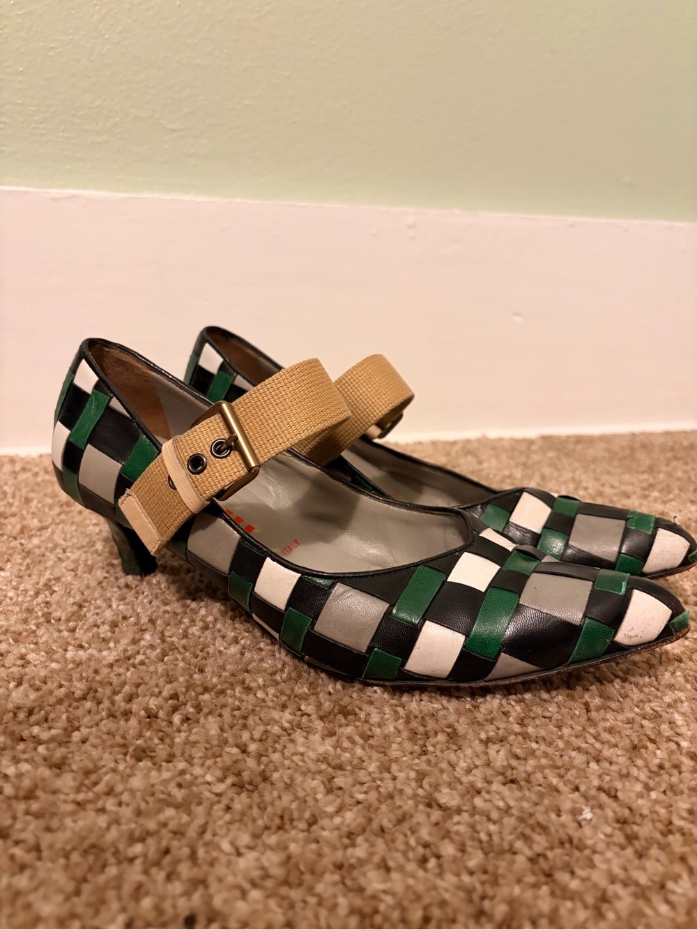 Miu Miu Green, Black, White & Beige Checkerboard Mary Jane Heels